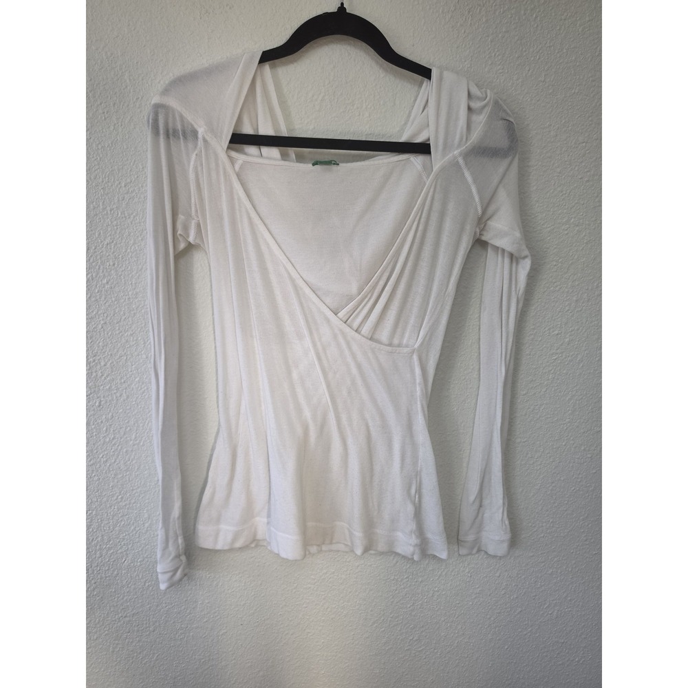 United Colors of Benetton Long Sleeve Top Women White V-Neck Hoodie Minimalist